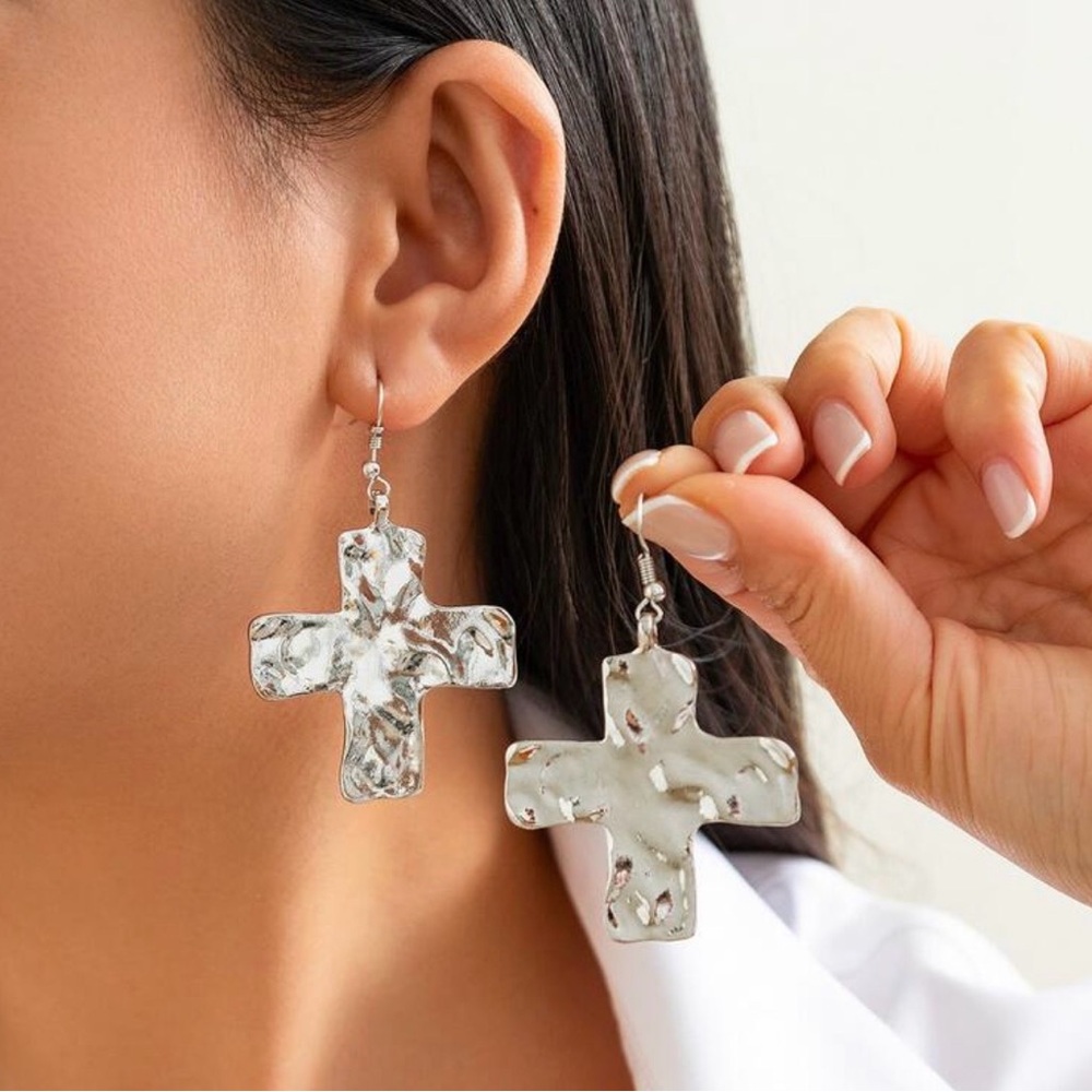 Silver Tone‎ Cross Dangle Earrings
